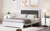 Queen Size Upholstered Bed with LED Light,Modern Platform Bed with with Velvet Headboard,White