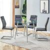 Table and chair set. (1 table+4 gray chairs) Round dining table with a 40 inch diameter glass tabletop and silver plated metal legs. 4 gray PU chairs