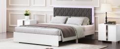 Queen Size Upholstered Bed with LED Light,Modern Platform Bed with with Velvet Headboard,White