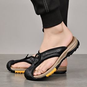 Summer men's new first layer cowhide flip-flops fashion all comfortable men's slippers beach shoes (Color: Black, size: 46)