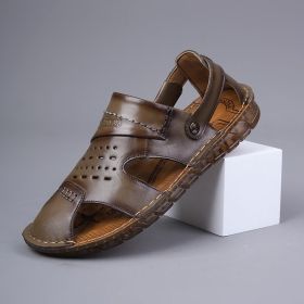 Men's new comfortable trend 100 bypass layer cowhide casual beach shoes trend men's sandals (Color: Khaki, size: 43)