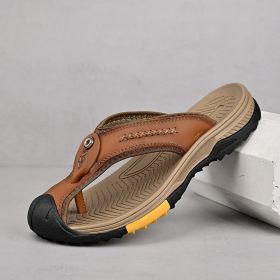 Summer men's new first layer cowhide flip-flops fashion all comfortable men's slippers beach shoes (Color: Brown, size: 41)