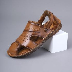 Men's new comfortable trend 100 bypass layer cowhide casual beach shoes trend men's sandals (Color: Brown, size: 41)