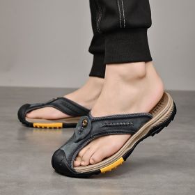 Summer men's new first layer cowhide flip-flops fashion all comfortable men's slippers beach shoes (Color: Black, size: 43)
