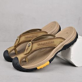 Summer men's new first layer cowhide flip-flops fashion all comfortable men's slippers beach shoes (Color: Khaki, size: 43)