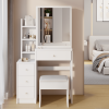 Small Space Left Bedside Cabinet Vanity Table + Cushioned Stool, Extra Large Right sliding mirror, Multi Layer High Capacity Storage, Practical Fashio