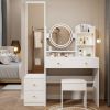 Full Body Mirror Cabinet + Round Mirror LED Vanity Table + Cushioned Stool, 17" diameter LED Mirror, Touch Control, 3-color, Brightness adjustable, La