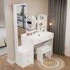 Full Body Mirror Cabinet + Round Mirror LED Vanity Table + Cushioned Stool, 17" diameter LED Mirror, Touch Control, 3-color, Brightness adjustable, La