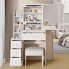 Small Space Left Bedside Cabinet Vanity Table + Cushioned Stool, Extra Large Right sliding mirror, Multi Layer High Capacity Storage, Practical Fashio