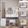 Full Body Mirror Cabinet + Round Mirror LED Vanity Table + Cushioned Stool, 17" diameter LED Mirror, Touch Control, 3-color, Brightness adjustable, La