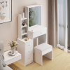 Small Space Left Bedside Cabinet Vanity Table + Cushioned Stool, Extra Large Right sliding mirror, Multi Layer High Capacity Storage, Practical Fashio