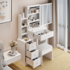 Small Space Left Bedside Cabinet Vanity Table + Cushioned Stool, Extra Large Right sliding mirror, Multi Layer High Capacity Storage, Practical Fashio