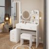 Full Body Mirror Cabinet + Round Mirror LED Vanity Table + Cushioned Stool, 17" diameter LED Mirror, Touch Control, 3-color, Brightness adjustable, La