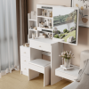 Small Space Left Bedside Cabinet Vanity Table + Cushioned Stool, Extra Large Right sliding mirror, Multi Layer High Capacity Storage, Practical Fashio