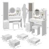 Full Body Mirror Cabinet + Round Mirror LED Vanity Table + Cushioned Stool, 17" diameter LED Mirror, Touch Control, 3-color, Brightness adjustable, La